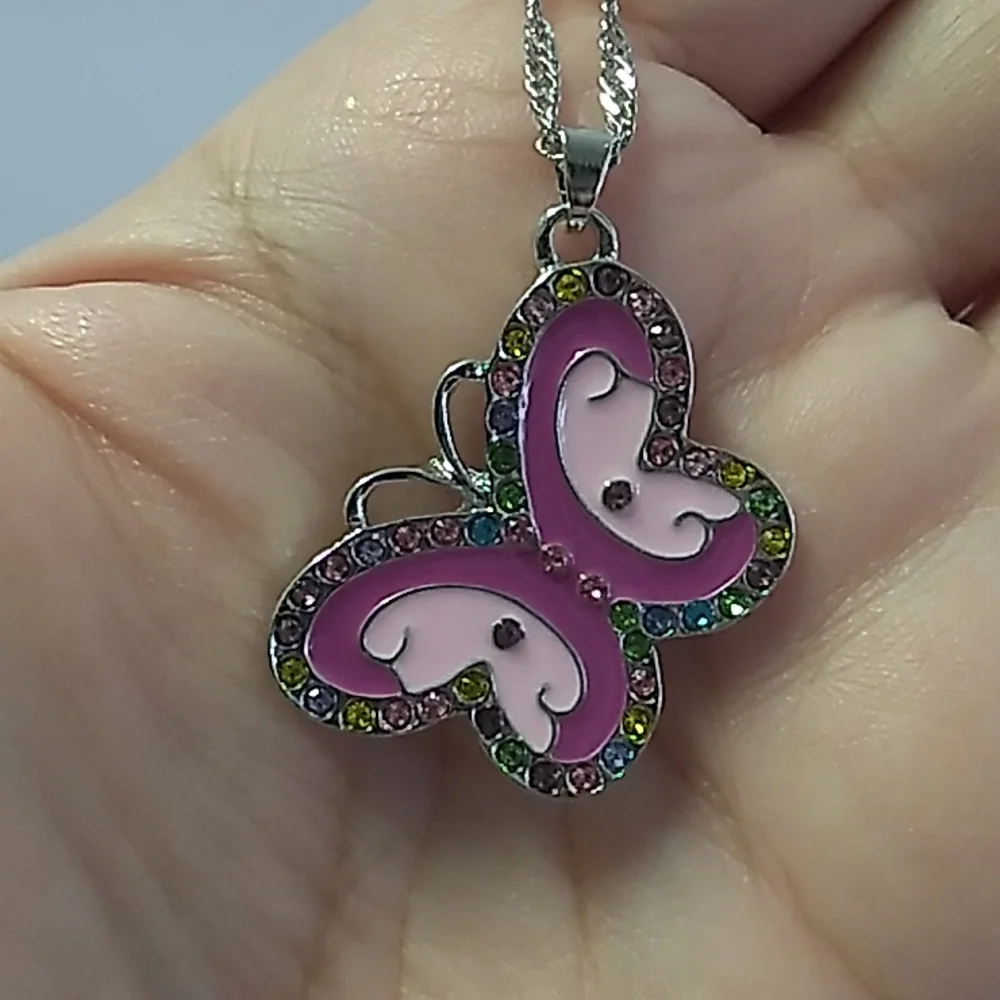 Cute Butterfly necklace Girls w Rhinestones 22 inch chain, pink, blue.